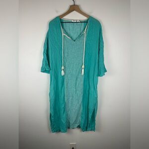 Sigrid Olsen Caftan Linen Blend Tassel Aqua CoverUp Pockets Dress Women’s Sz M